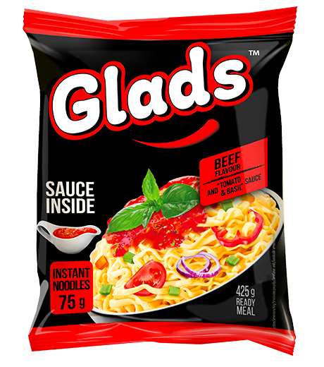 Glads nuudlid veiseliha maitse ja «tomati ja basiiliku» kastmega